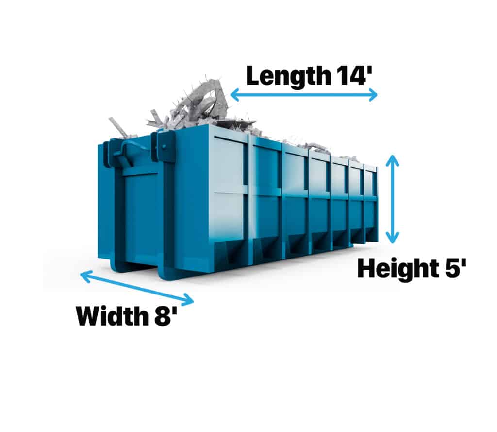 14-foot blue debris bin loaded with construction waste – ideal for large cleanups and remodeling projects – Mr. Garbage Canada