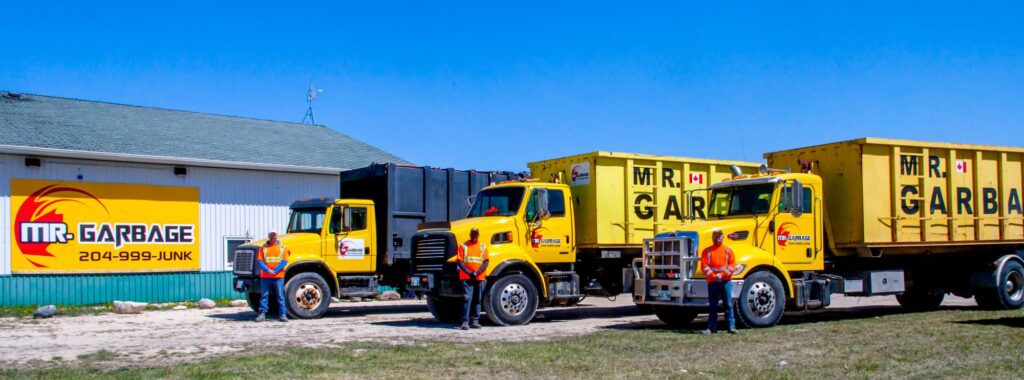 Mr. Garbage waste management trucks and dumpsters with crew in Winnipeg, providing professional junk removal and bin rental services.