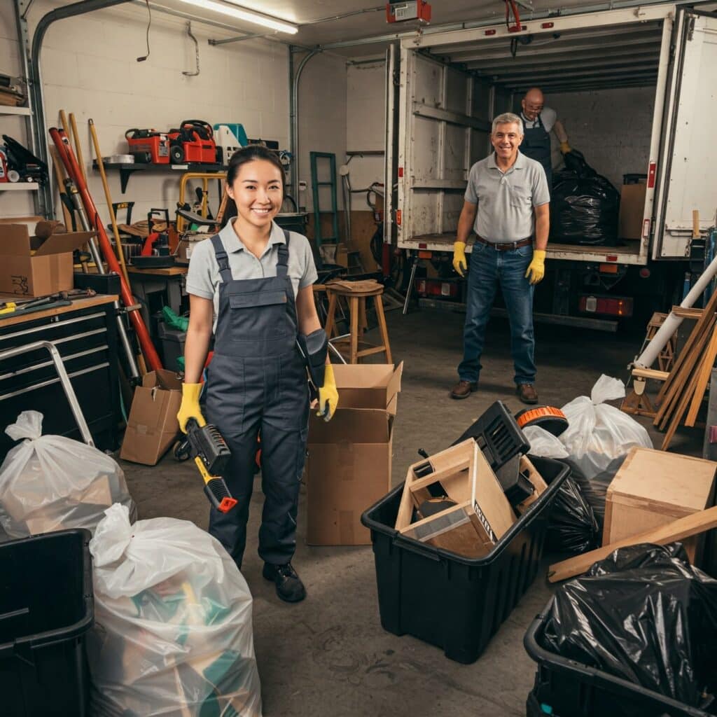 Junk removal truck from Mr. Garbage loading old furniture in Canada