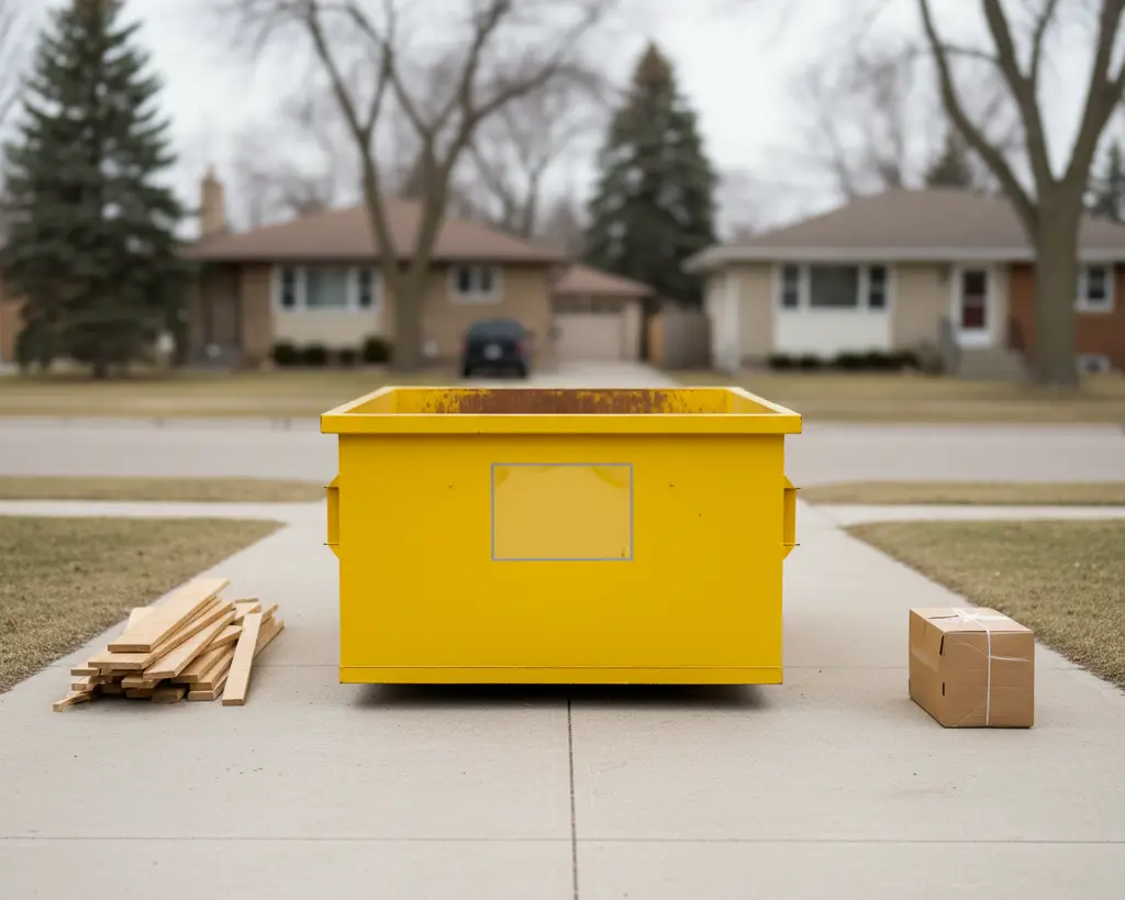 Yellow roll-off dumpster on a Winnipeg suburban driveway with neatly stacked renovation debris and a bungalow in the soft-focus background.