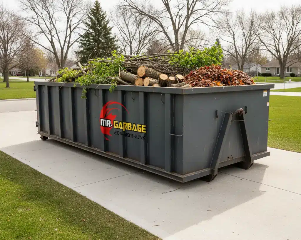 16:9 flat vector of a simple unbranded bin on a suburban driveway with small pile of branches; no text, no people, muted colors