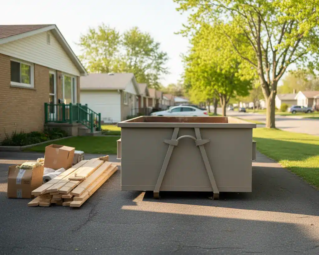Unbranded 30-yard roll-off dumpster on a Winnipeg driveway with neatly stacked renovation debris and a bungalow in the background.