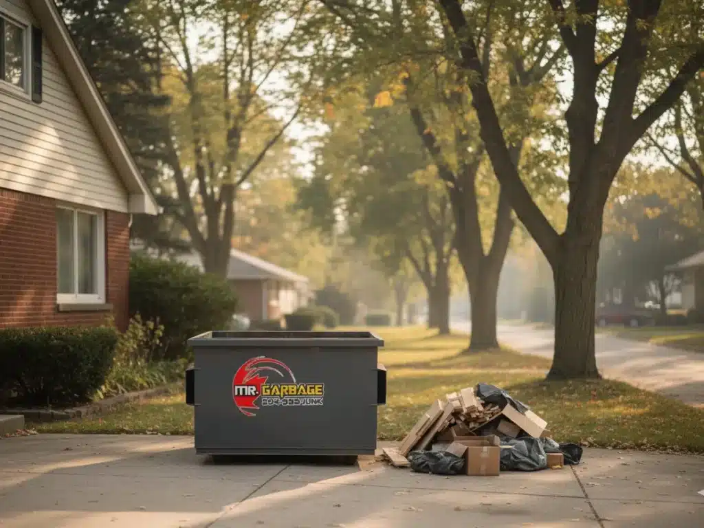 Clean, minimalist photo-style image of a temporary dumpster on a residential Winnipeg driveway, no people, no text or logos, soft daylight, tidy surroundings, shallow depth of field