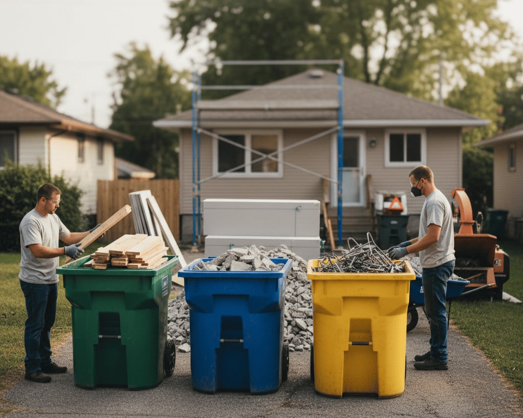 Workers sorting lumber, concrete and metal into three colour-coded recycling bins at a residential construction site in Winnipeg.