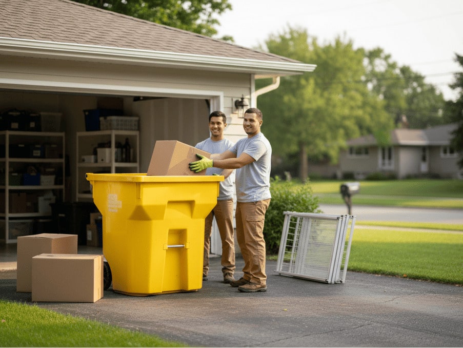 Two workers loading boxes into a yellow walk-in dumpster outside a clean residential garage in Winnipeg, with neatly organized shelves inside and a tidy suburban driveway in view.