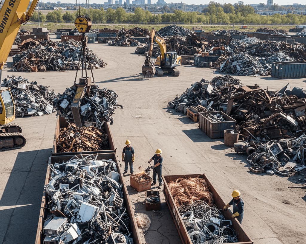 Workers sorting and recycling scrap metal such as aluminum and steel at a metal recycling facility in Winnipeg.