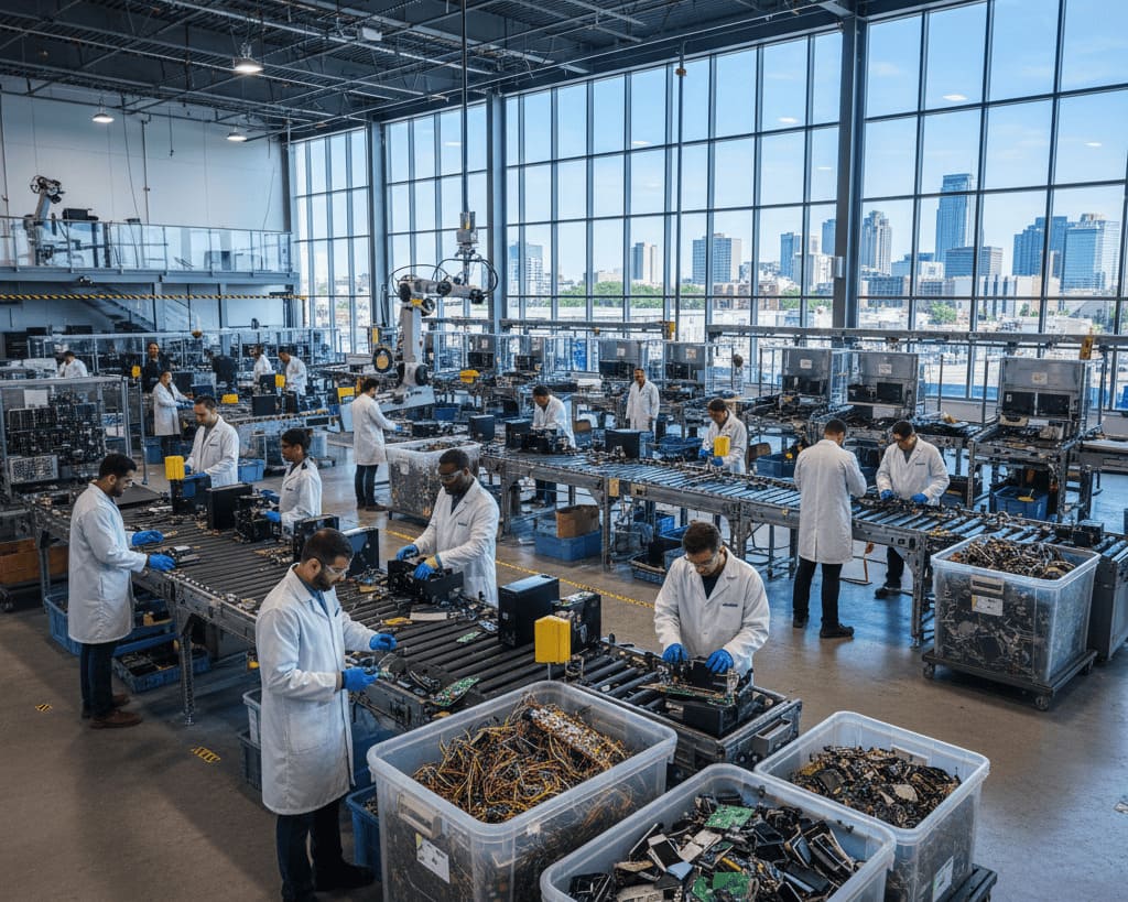 Technicians recycling old computers and electronic devices at an e-waste recycling facility in Winnipeg.