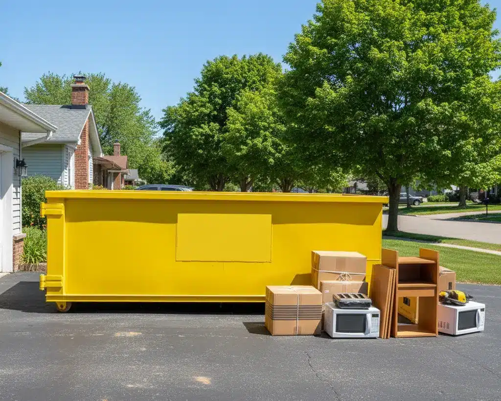 Yellow dumpster on a Winnipeg suburban driveway with neatly sorted junk including old furniture, boxes, and small appliances, surrounded by green trees for an eco-friendly look.
