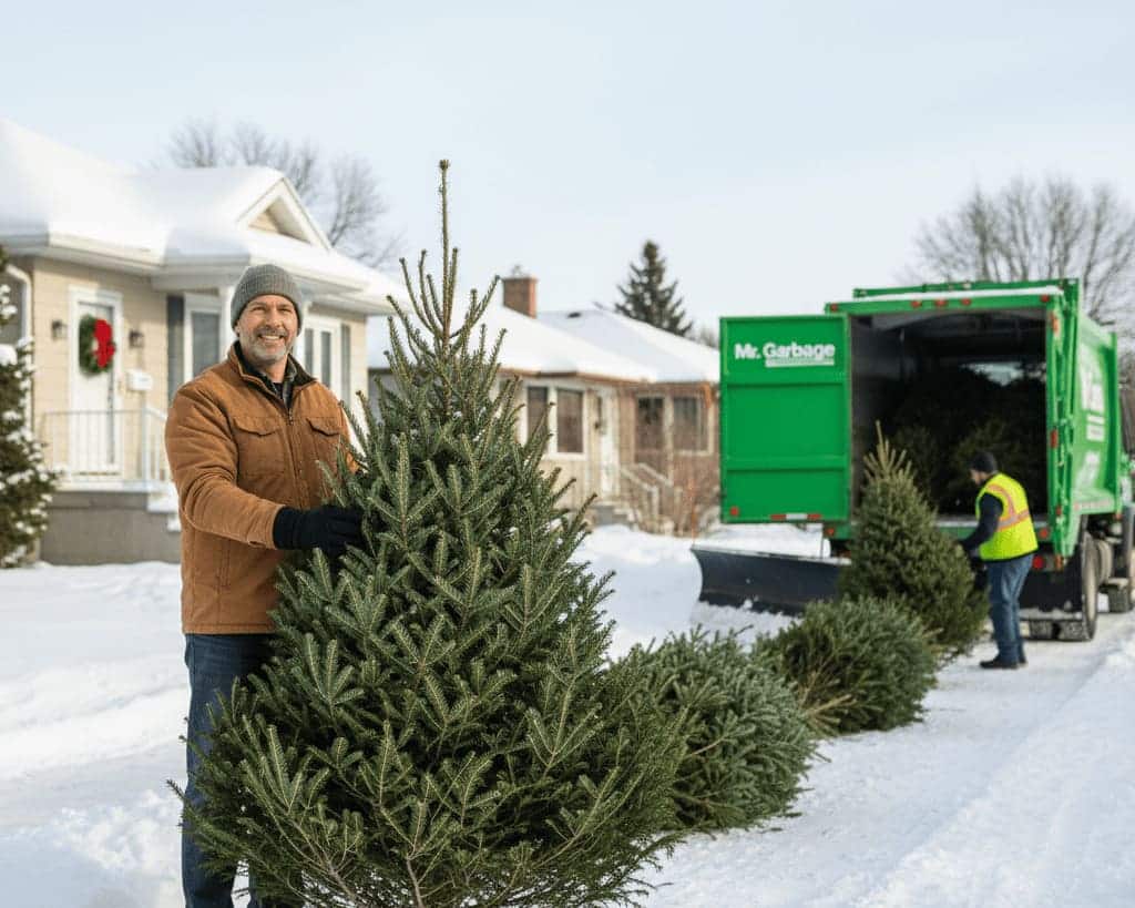 Homeowner placing a Christmas tree by the curb for eco-friendly disposal in Winnipeg with a Mr. Garbage collection truck in the background.