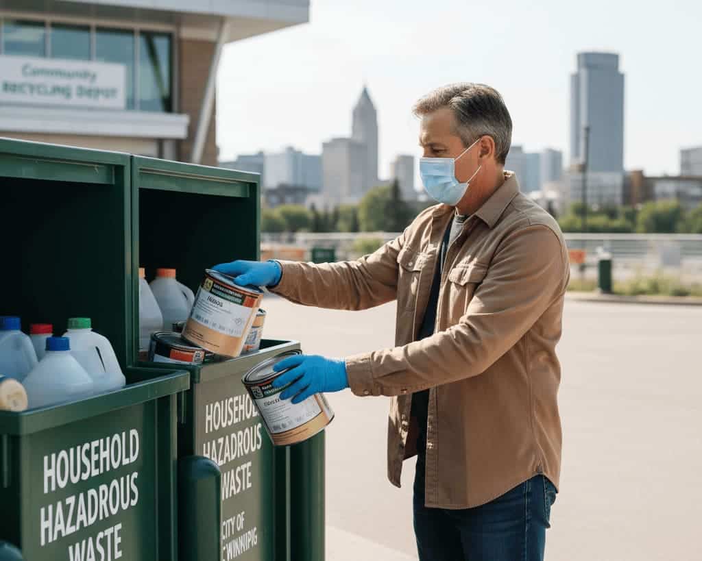 Homeowner in Winnipeg safely disposing of old paint cans at a recycling drop-off center for eco-friendly paint disposal.