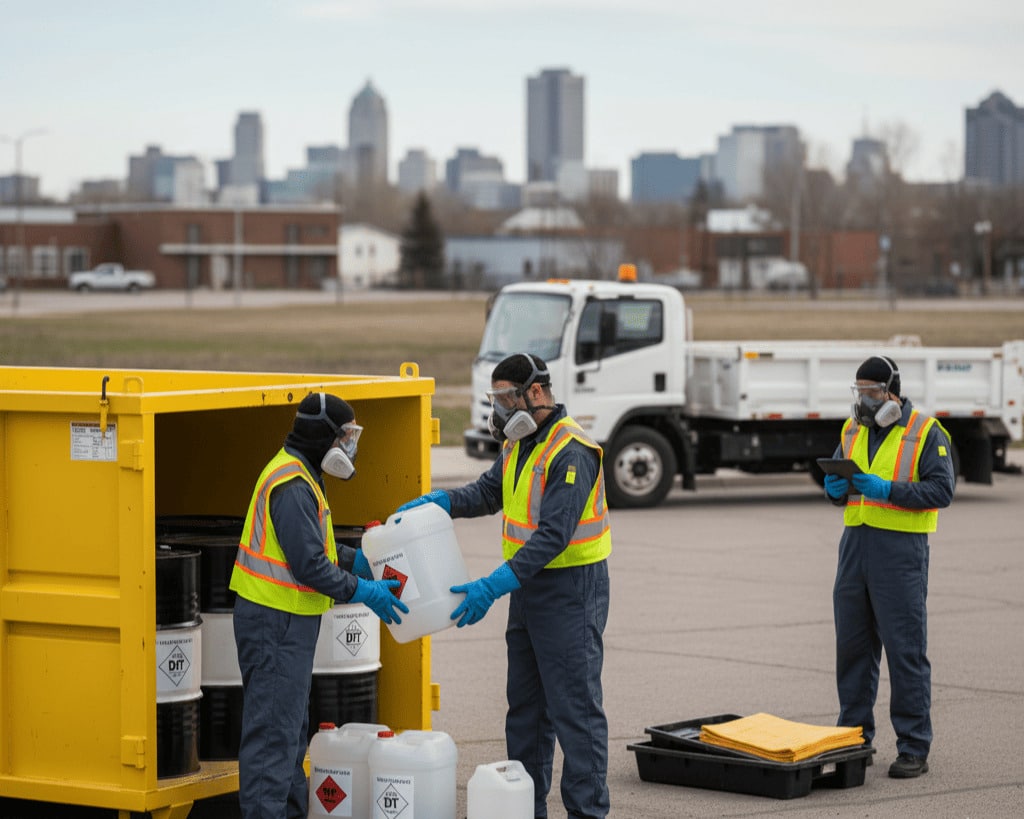 Professional workers in safety gear handling sealed chemical waste containers and loading them into a secure yellow disposal bin in Winnipeg.
