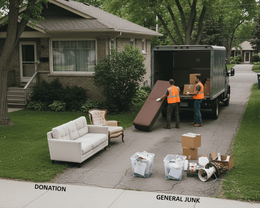 Crew loading a sofa, mattress and boxes into a plain removal truck in a Winnipeg driveway, with separate piles for recycling and donation.