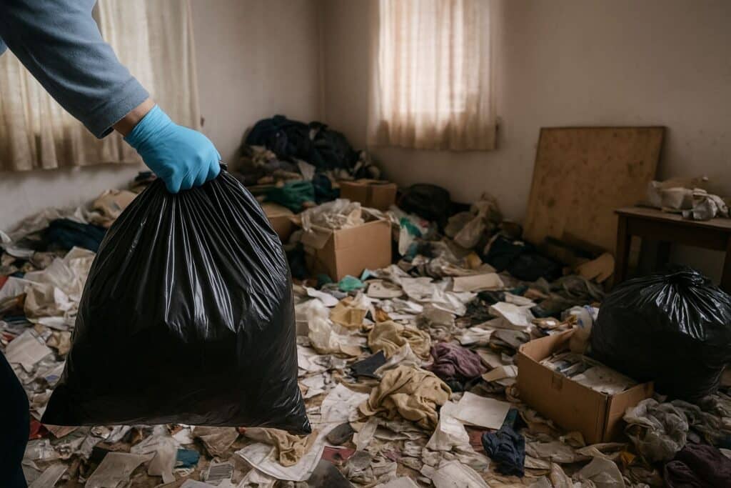 A cluttered living room filled with piles of household items and boxes, showing the before stage of a professional hoarding cleanup service in Winnipeg, Manitoba.