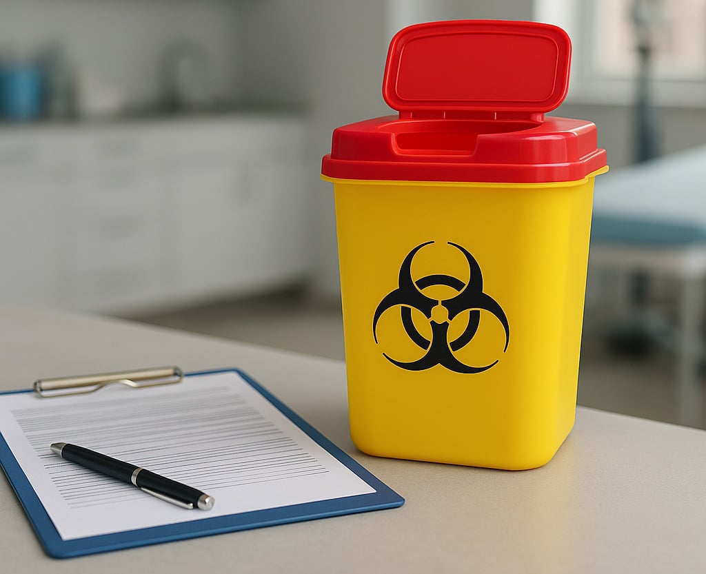 A yellow biomedical sharps disposal container with a red lid placed on a medical countertop beside a clipboard and pen, inside a clean clinic setting.