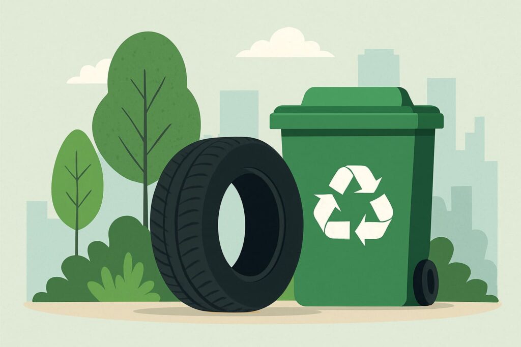 A tire placed beside a green recycling bin in an outdoor setting with trees and a city skyline, representing tire recycling and drop-off options in Winnipeg.