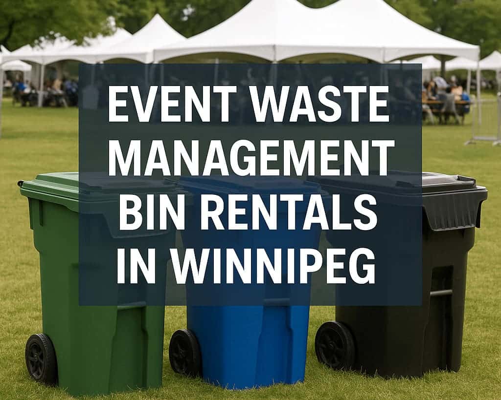 Three waste management bins placed on grass at an outdoor Winnipeg event with tents in the background, used as a feature image for an article about event waste management bin rentals.