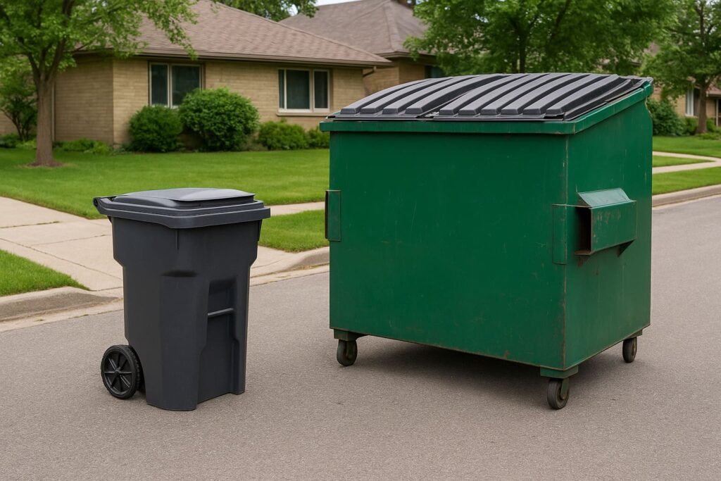 A black wheeled garbage cart and a large green dumpster sit side by side on a quiet residential street in Winnipeg, with neatly trimmed lawns and houses in the background, illustrating a comparison between residential and commercial waste collection systems.