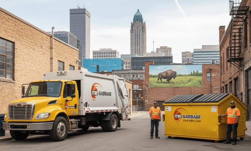 Commercial dumpster rental service in Winnipeg featuring our company's roll-off trucks delivering a large bin.