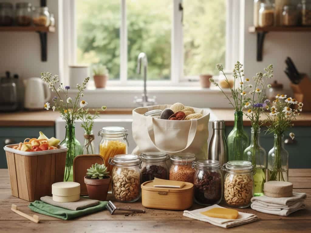 A variety of items demonstrating a zero waste lifestyle, including nuts and grains in glass jars, bamboo containers, and eco-friendly home goods, emphasizing reuse and sustainability.