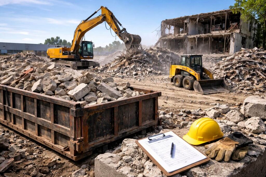 Commercial demolition waste disposal site with a roll-off bin filled with concrete debris, heavy equipment clearing demolition waste, and proper construction and demolition waste disposal in Canada.