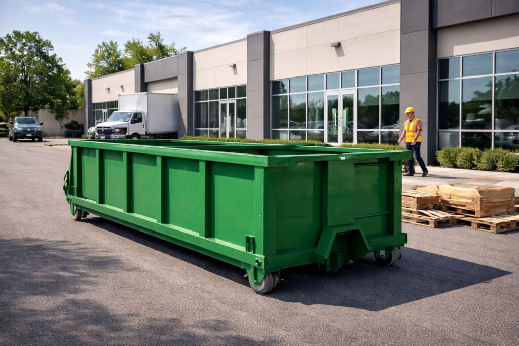 Business dumpster in southern Winnipeg placed at a commercial property, showing a roll-off dumpster used for business dumpster rental and ongoing commercial waste management