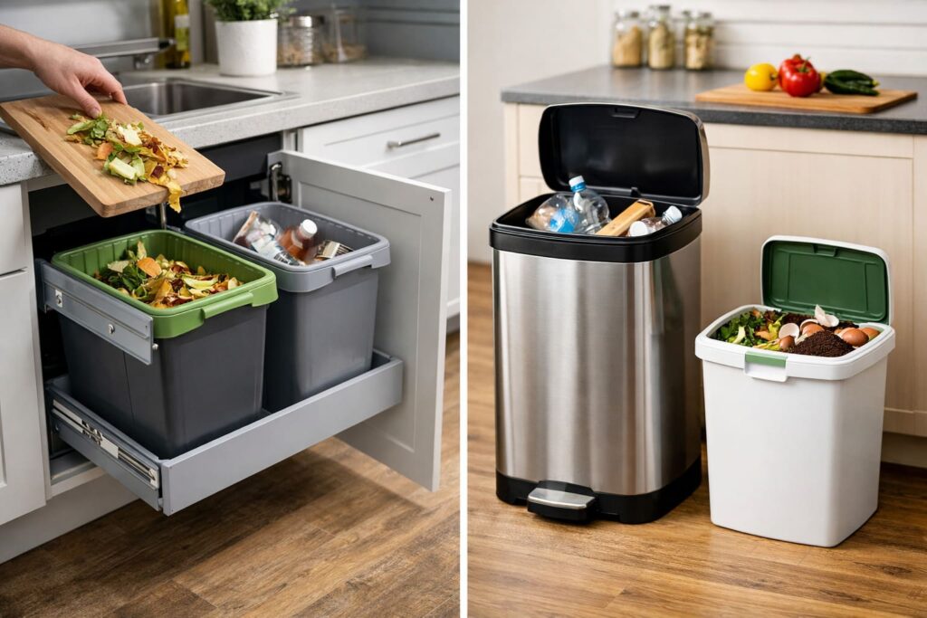 Modern kitchen showing a side-by-side comparison of a hidden pull-out recycling bin inside a cabinet and freestanding kitchen waste and recycling bins on the floor, used for sorting food waste and recyclables.