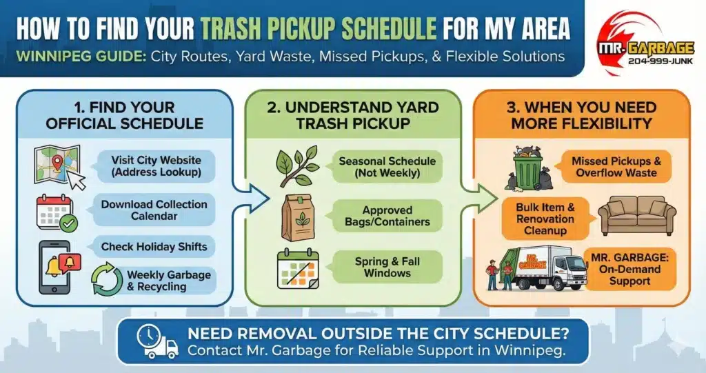 Infographic guide titled "How to Find Your Trash Pickup Schedule for My Area: Winnipeg Guide" by Mr. Garbage, outlining steps to find city schedules, understand seasonal yard waste rules, and use Mr. Garbage for flexible, on-demand removal of bulk items or missed pickups.