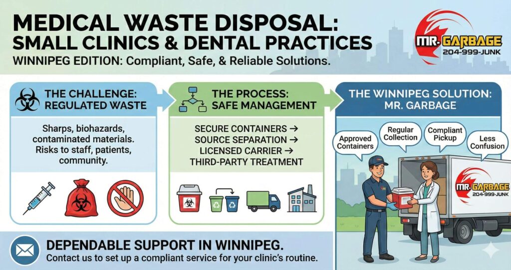 Infographic illustrating the process for Winnipeg medical waste disposal for small clinics, featuring Mr. Garbage compliant solutions for regulated waste.