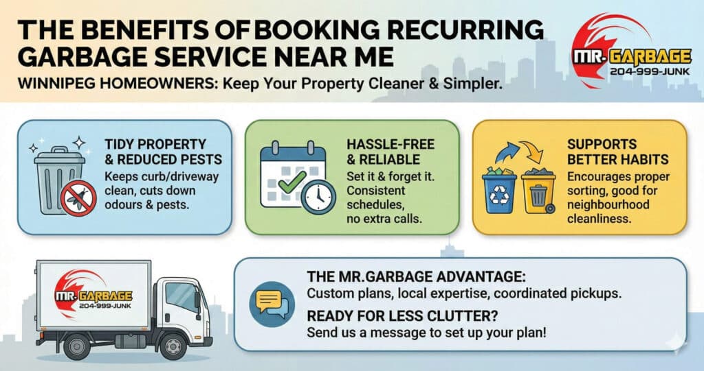 Infographic illustrating the process for Winnipeg medical waste disposal for small clinics, featuring Mr. Garbage compliant solutions for regulated waste.