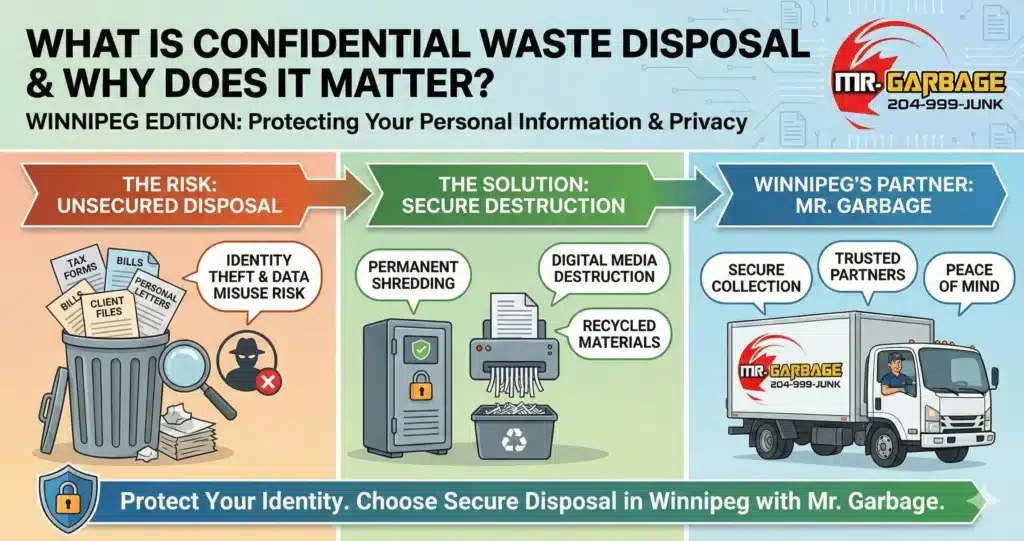 Infographic titled "What Is Confidential Waste Disposal & Why Does It Matter? Winnipeg Edition" by Mr. Garbage, illustrating the transition from identity theft risks caused by unsecured disposal to the security of professional shredding and local collection.