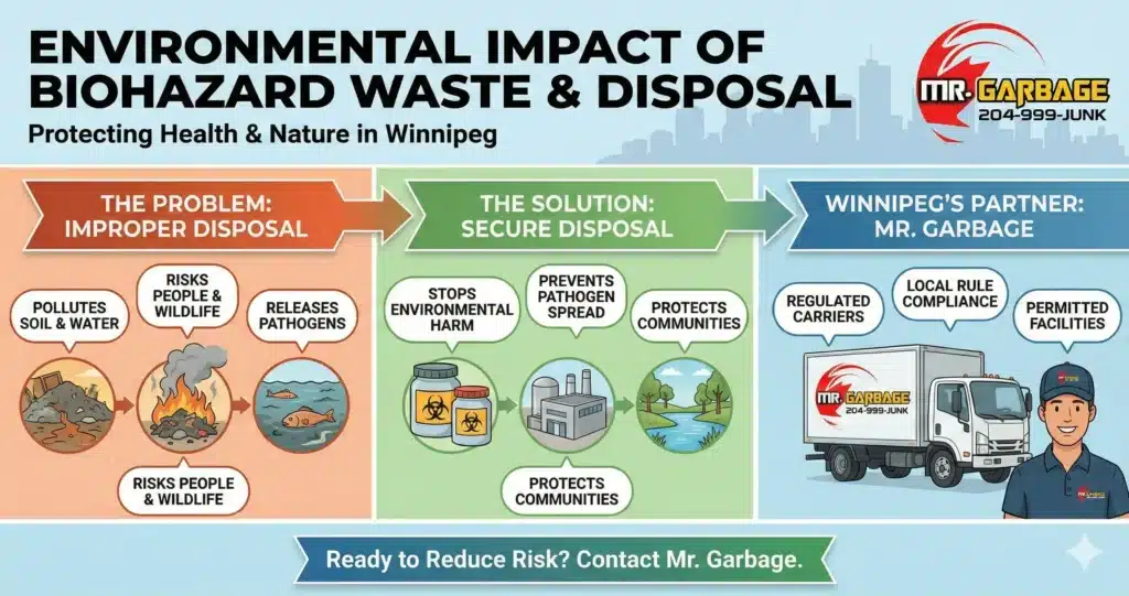 Infographic titled "What Is Confidential Waste Disposal & Why Does It Matter? Winnipeg Edition" by Mr. Garbage, illustrating the transition from identity theft risks caused by unsecured disposal to the security of professional shredding and local collection.