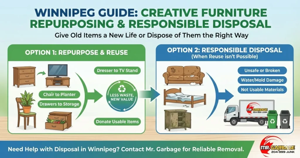 Infographic titled "Winnipeg Guide: Creative Furniture Repurposing & Responsible Disposal" by Mr. Garbage, illustrating how to repurpose items like dressers and chairs on the left, versus responsibly disposing of unsafe or broken furniture with a professional service on the right.