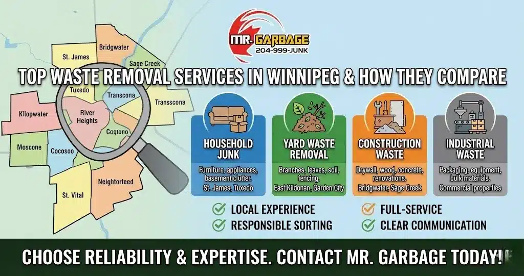 Gemini said Mr. Garbage infographic comparing top Winnipeg waste removal services, including household junk, yard waste, construction, and industrial options across local neighborhoods, while highlighting benefits like local expertise and responsible sorting.