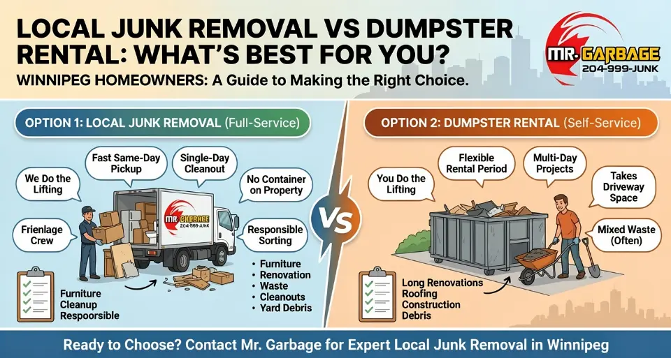 Infographic titled "Local Junk Removal vs Dumpster Rental: What’s Best for You?" by Mr. Garbage in Winnipeg, comparing full-service junk removal where crews handle lifting and sorting against self-service dumpster rentals suited for multi-day projects.