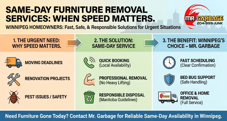 Infographic titled "Same-Day Furniture Removal Services: When Speed Matters" by Mr. Garbage, illustrating how same-day removal helps Winnipeg homeowners handle urgent needs like moving deadlines, renovations, and pest issues through quick booking and responsible disposal.