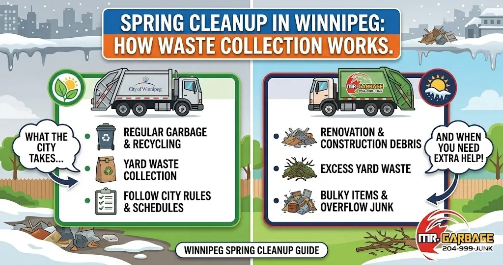 Infographic guide titled "Spring Cleanup in Winnipeg: How Waste Collection Works" by Mr. Garbage, comparing standard City of Winnipeg collection for regular garbage, recycling, and yard waste with Mr. Garbage's solutions for handling overflow junk, bulky items, and heavy renovation debris.