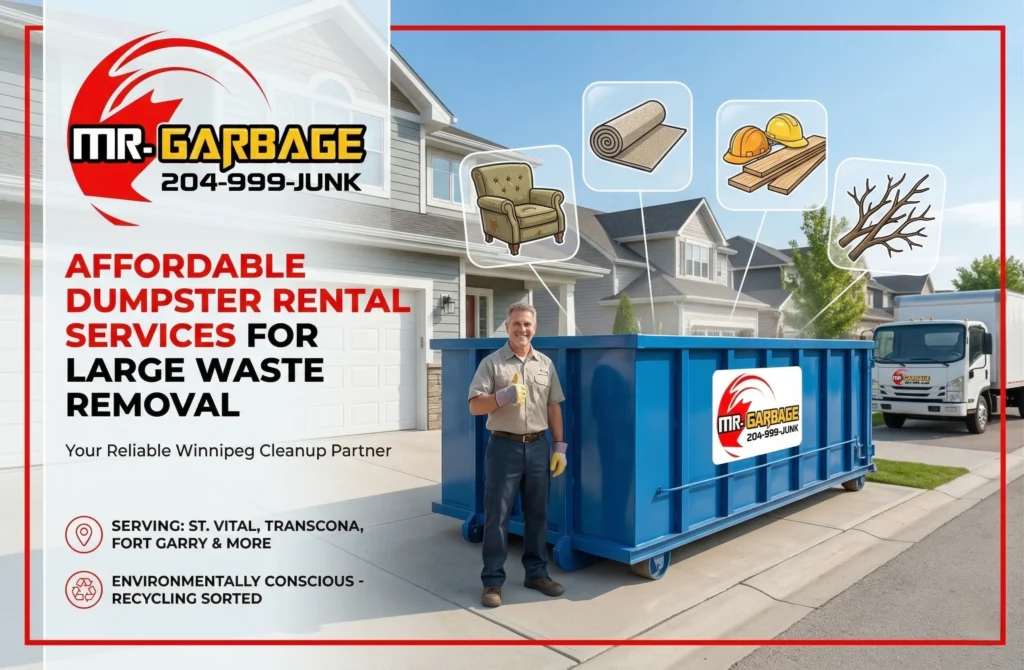 Mr. Garbage affordable dumpster rental services for large waste removal in Winnipeg, ideal for home renovations, estate cleanouts, moving, and yard waste disposal.