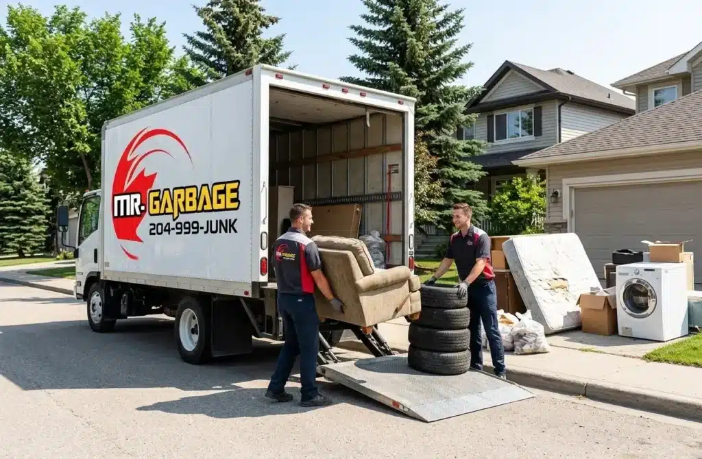 Mr. Garbage crew loading furniture and appliances into their truck, offering a full-service junk removal alternative to a disposal bin rental in Winnipeg, MB.