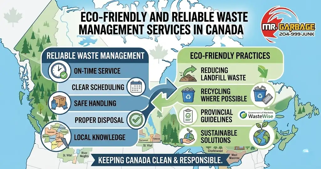 Infographic titled "Eco-Friendly and Reliable Waste Management Services in Canada" by Mr. Garbage, illustrating reliable service traits like on-time scheduling and proper disposal alongside sustainable practices such as recycling, reducing landfill waste, and following Manitoba WasteWise guidelines across Winnipeg neighborhoods.