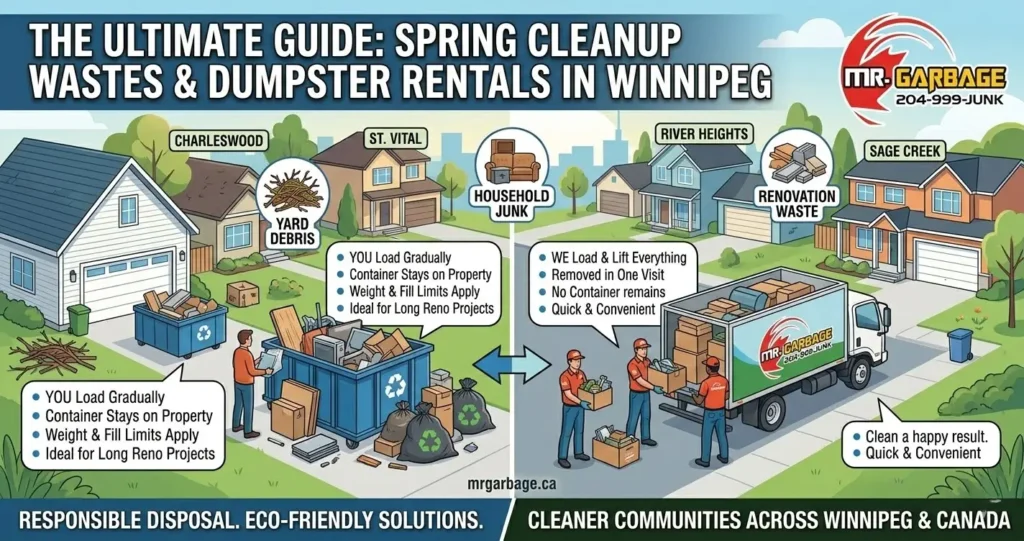 Mr. Garbage infographic comparing DIY dumpster rentals to full-service junk removal for spring cleanup in Winnipeg, highlighting eco-friendly waste disposal.