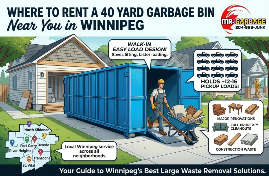 Rent a walk-in 40 yard garbage bin near you in Winnipeg with Mr. Garbage. Perfect for major renovations, full property cleanouts, and construction waste.