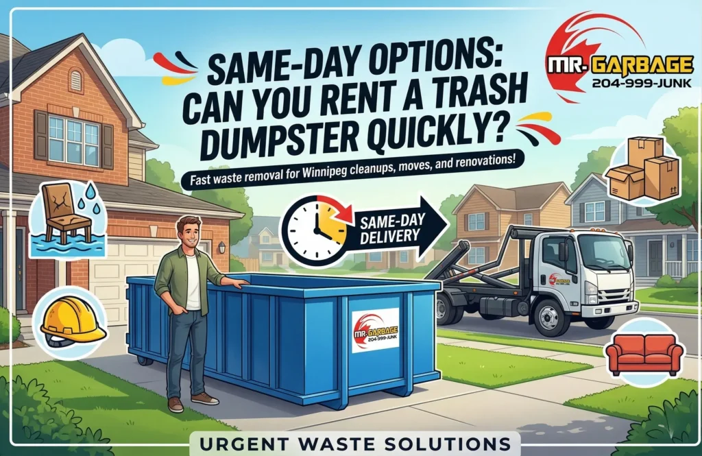 Mr. Garbage offers same-day trash dumpster rentals in Winnipeg for fast waste removal. Rent a dumpster quickly for urgent cleanouts, moves, and renovations.