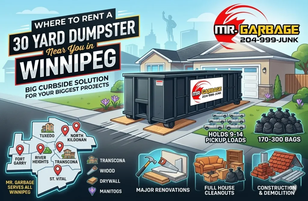 Discover where to rent a 30 yard dumpster near you in Winnipeg. Mr. Garbage offers large roll-off bins for major renovations, home cleanouts, and construction.