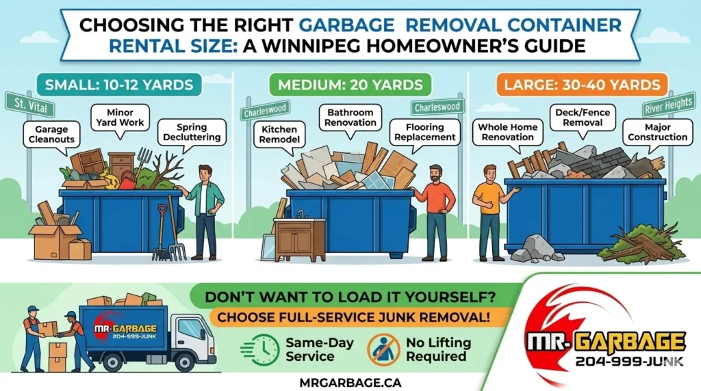 Mr. Garbage infographic guiding Winnipeg homeowners on choosing the right garbage removal container rental size, from 10 to 40 yards, or full junk removal.