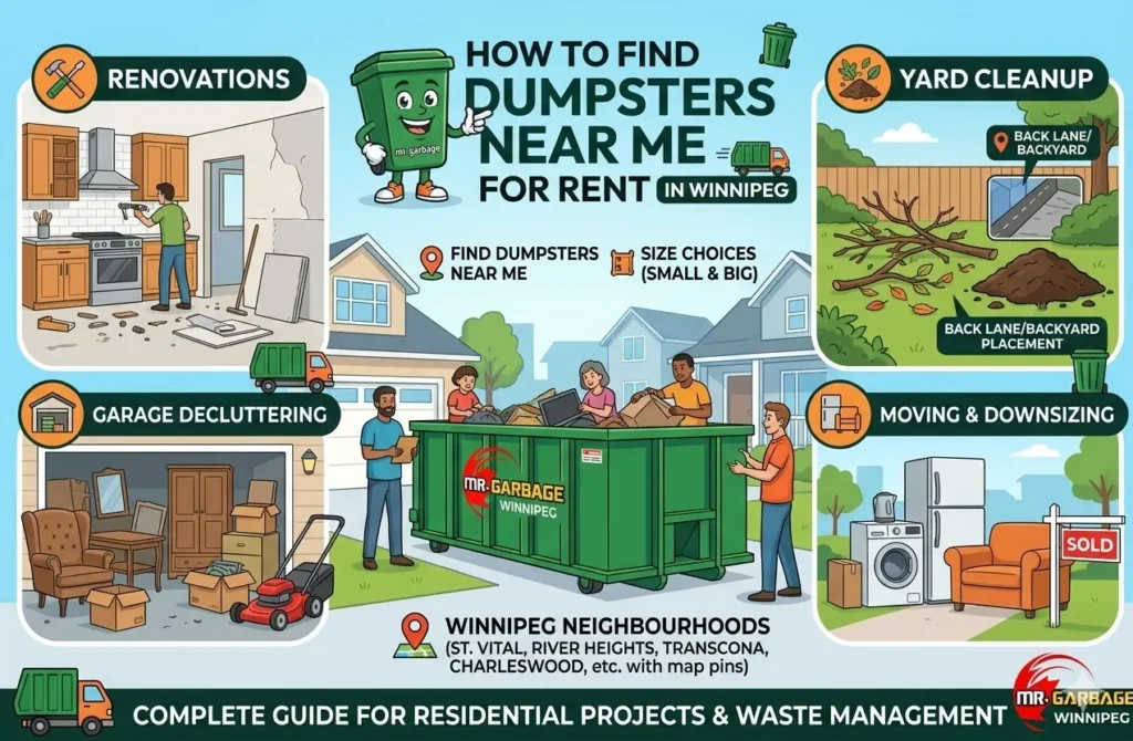 Guide on how to find dumpsters near me for rent in Winnipeg. See Mr. Garbage bins used for home renovations, yard cleanups, garage decluttering, and moving.