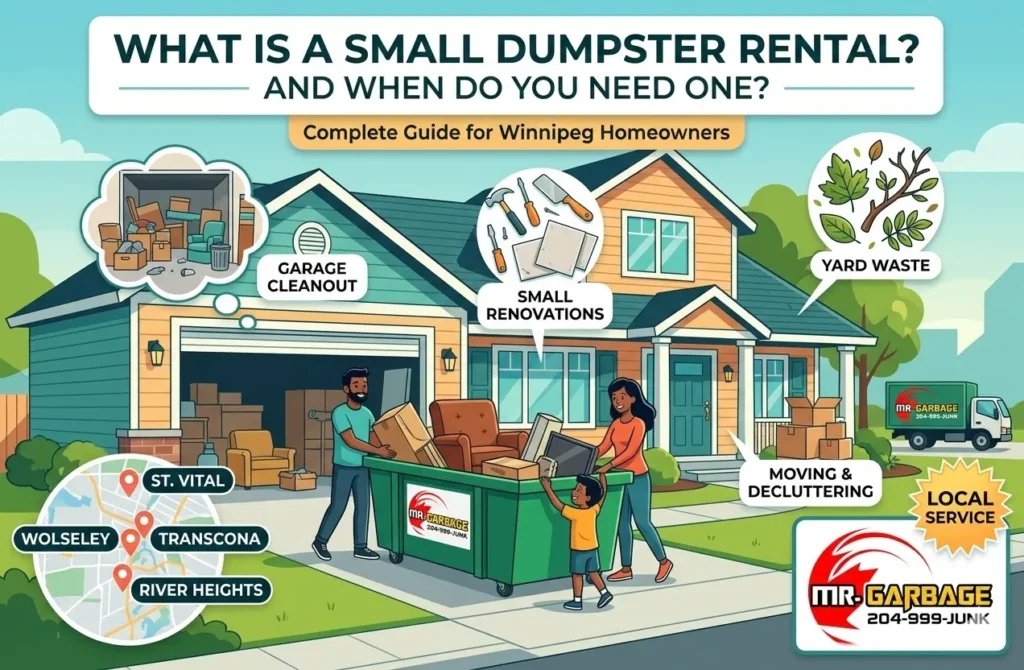 Winnipeg family loading a Mr. Garbage small dumpster rental for a garage cleanout, minor home renovations, decluttering, and seasonal yard waste clean-ups.