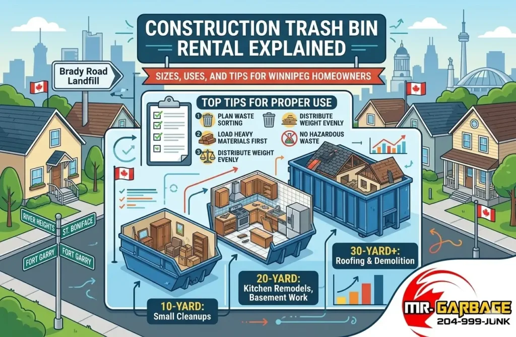 Infographic explaining Mr. Garbage construction trash bin rental sizes, uses, and tips for Winnipeg homeowners, showing 10, 20, and 30-yard dumpster options.