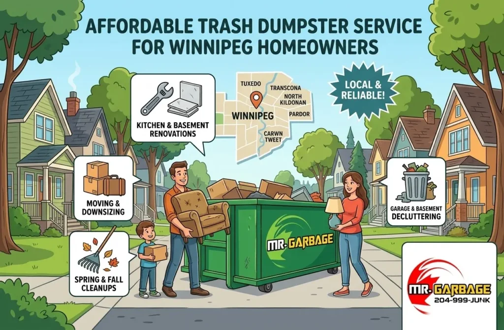 A Winnipeg family loads a Mr. Garbage trash dumpster service bin in their driveway. Affordable waste removal for home renovations, cleanouts, and downsizing.