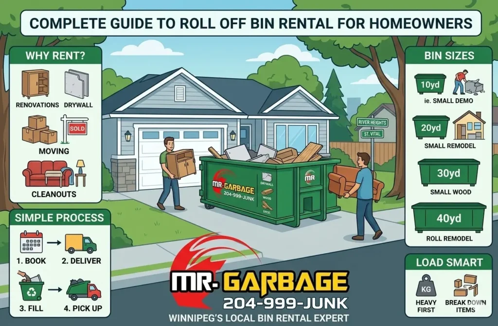 Complete guide to Mr. Garbage roll off bin rental for Winnipeg homeowners. Visual shows men loading a driveway dumpster, process steps, and available bin sizes.