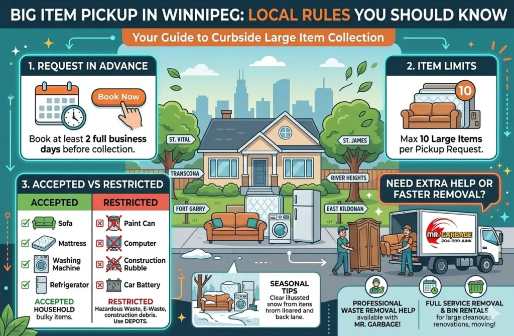 Gemini said Winnipeg big item pickup guide infographic: 2-day advance request, 10 item household limit. Lists accepted furniture and appliances vs. restricted waste list. Mr. Garbage service info.